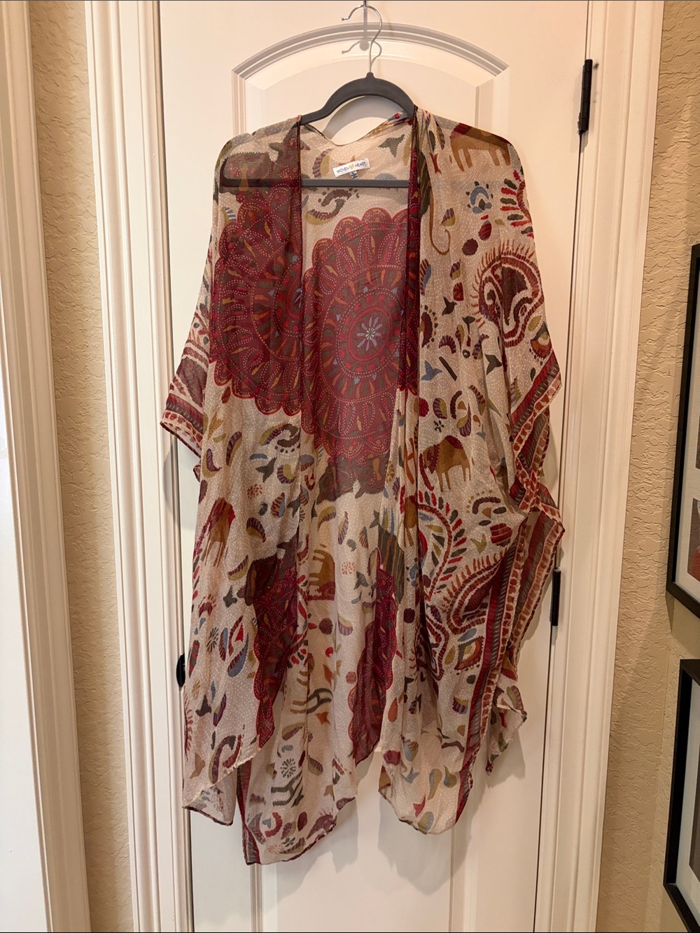 Kimono Woven Heart Cream and Red Boho Floral